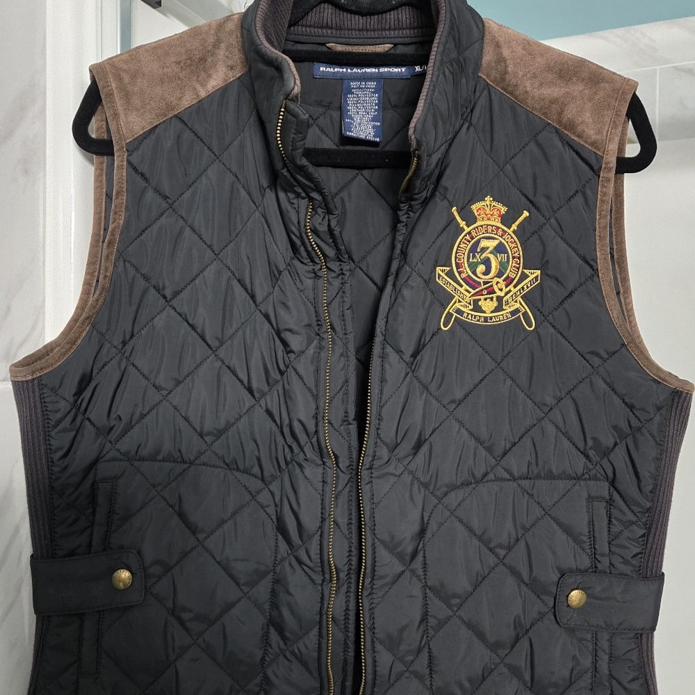Women's Ralph Lauren Sport Equestrian Black Quilted Vest with Brown Details